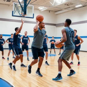 Basketball players training at Providence College gym