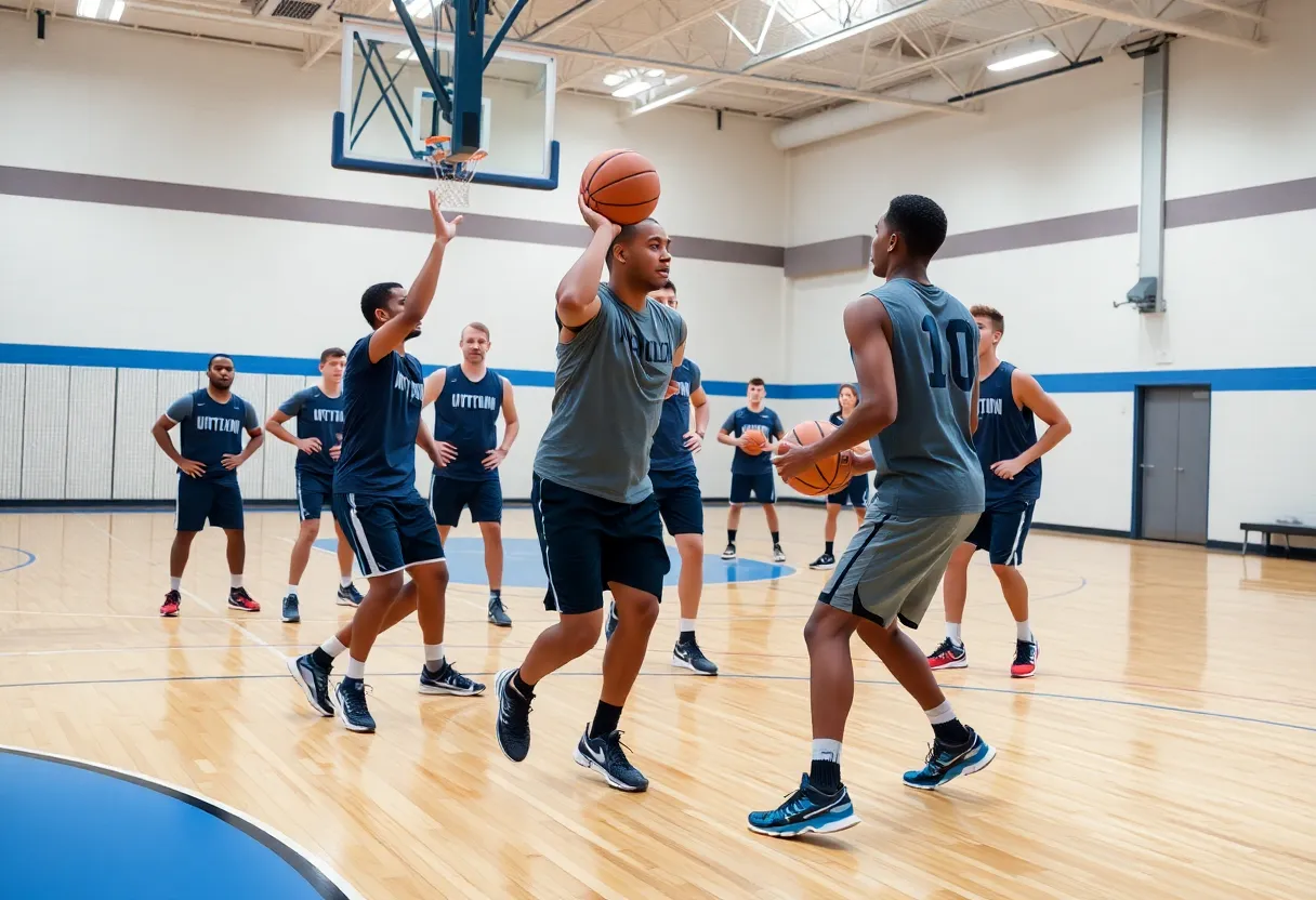 Basketball players training at Providence College gym