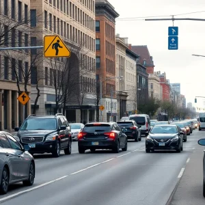 Traffic scene in Providence showcasing busy roads and pedestrians