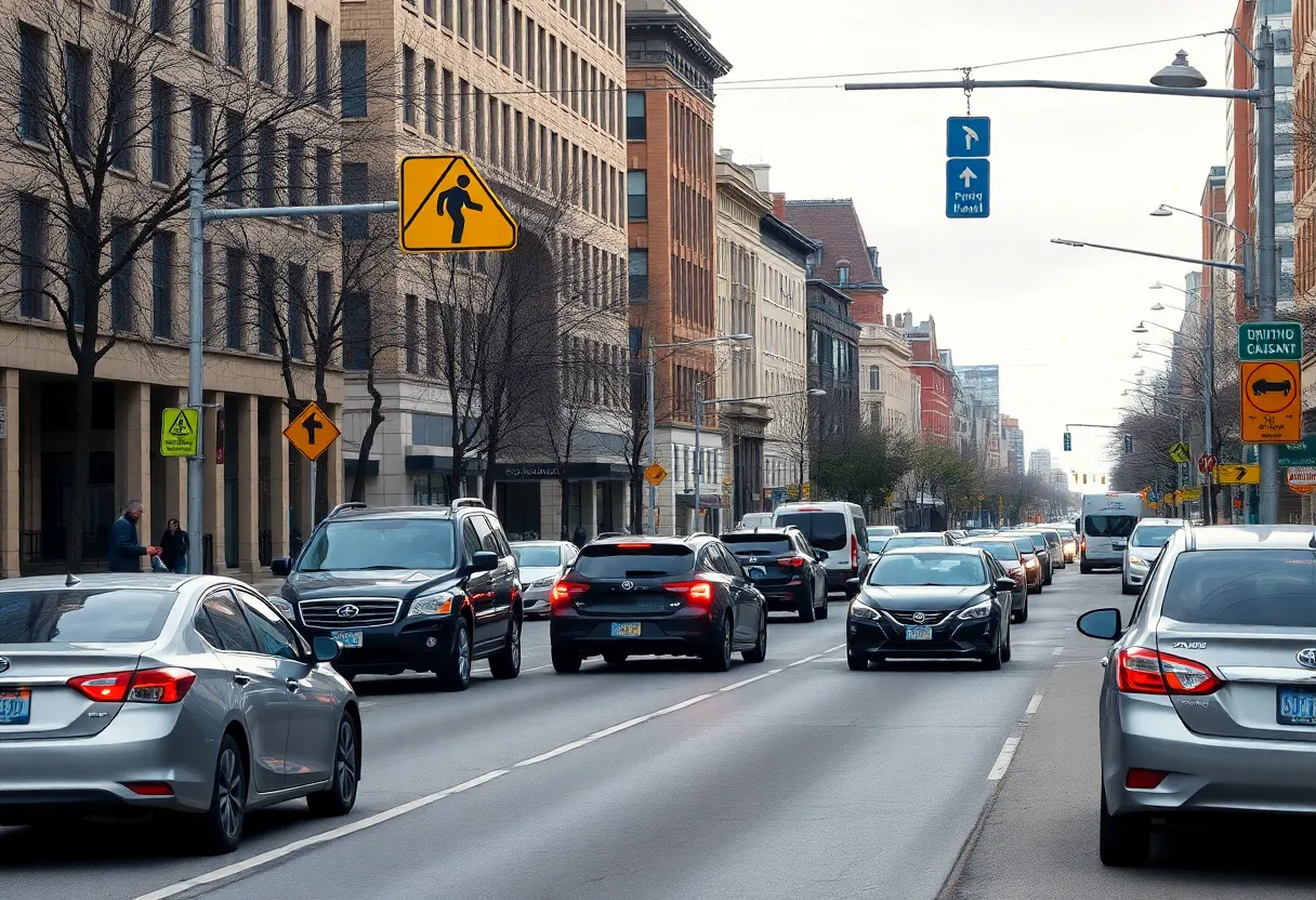 Traffic scene in Providence showcasing busy roads and pedestrians