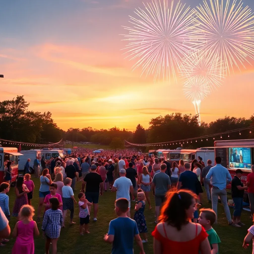Families enjoying the Independence Day celebration at India Point Park with fireworks in the background.