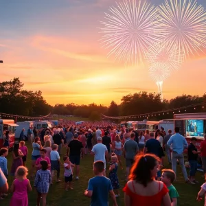 Families enjoying the Independence Day celebration at India Point Park with fireworks in the background.
