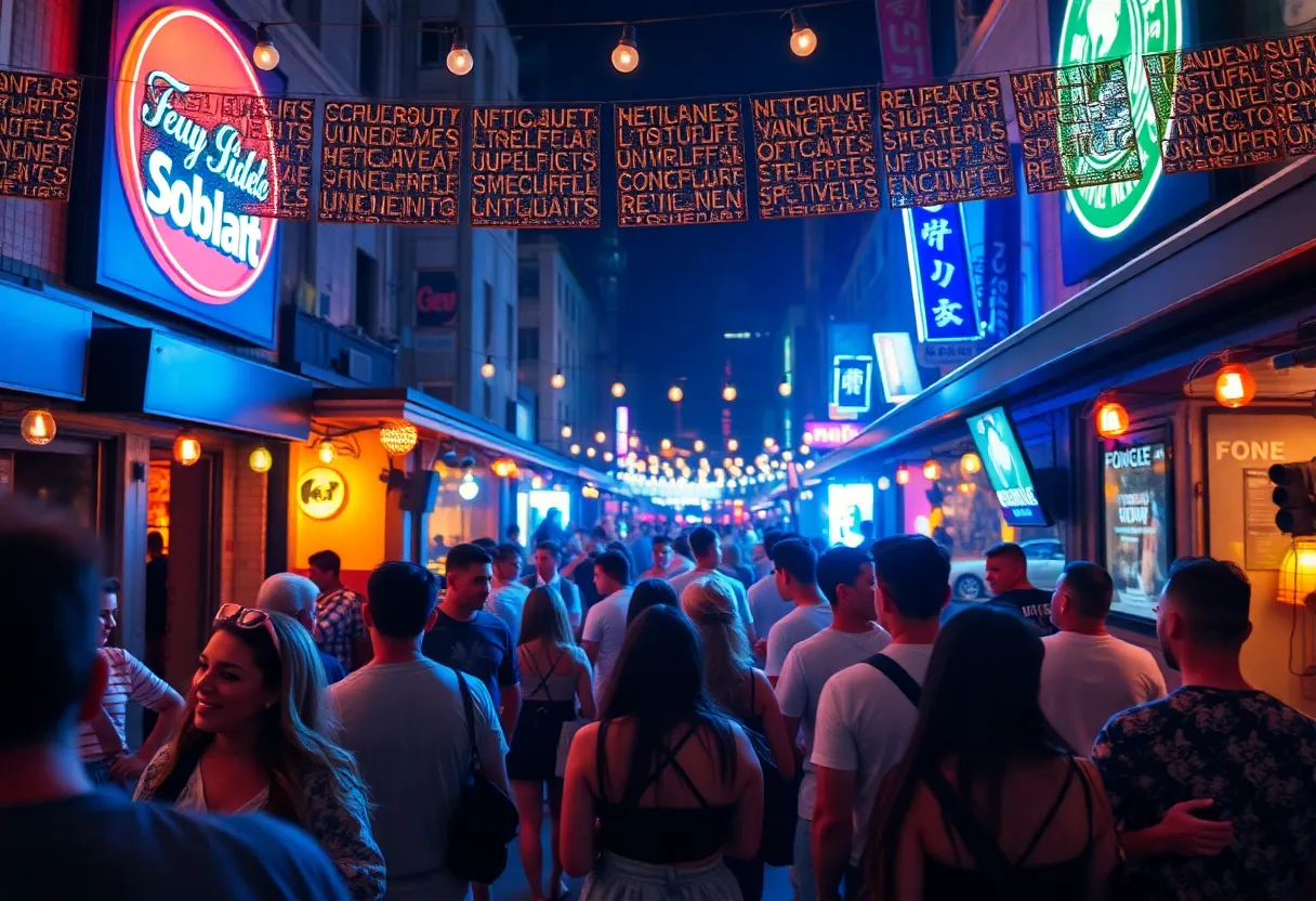 A lively nightlife scene in Providence with various venues bustling with patrons.