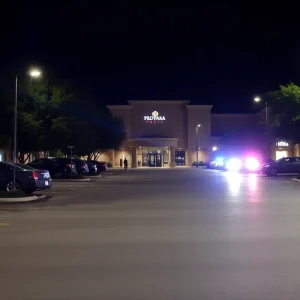Police lights at a plaza parking lot during an investigation