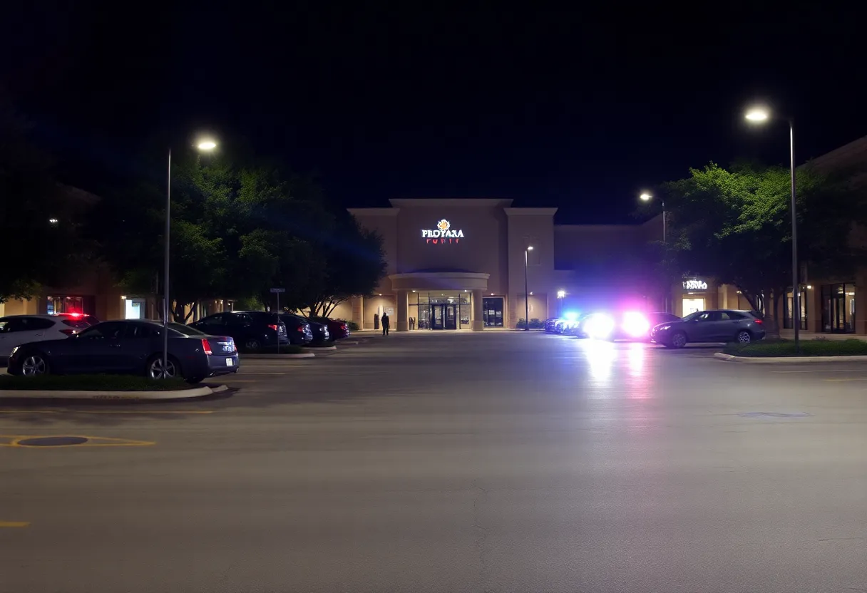 Police lights at a plaza parking lot during an investigation