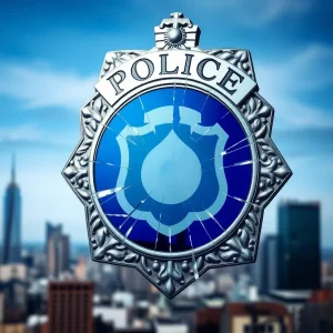 A police badge with a broken glass overlay symbolizing corruption