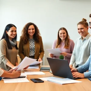 Teachers discussing a new agreement in a classroom