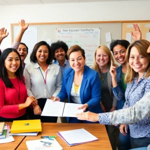 Teachers celebrating the approval of a new contract