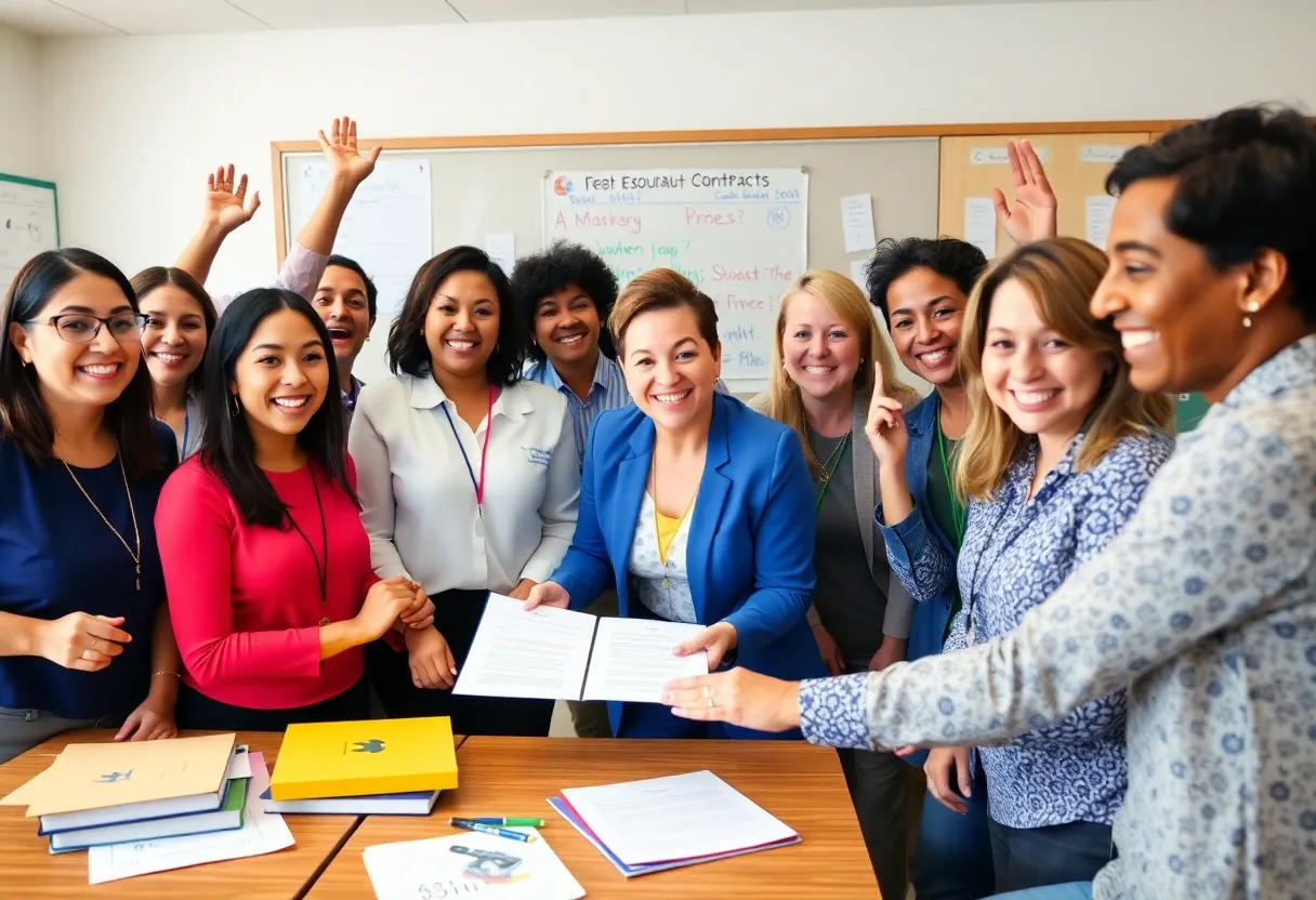 Teachers celebrating the approval of a new contract