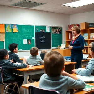 Students and teacher in a classroom reflecting educational progress.