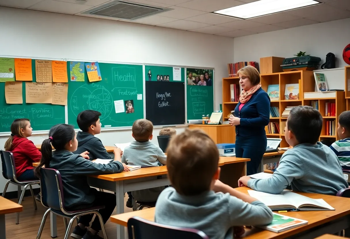 Students and teacher in a classroom reflecting educational progress.