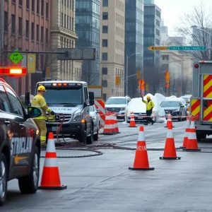 Crews repairing a watermain break in Providence with traffic cones and warning signs.