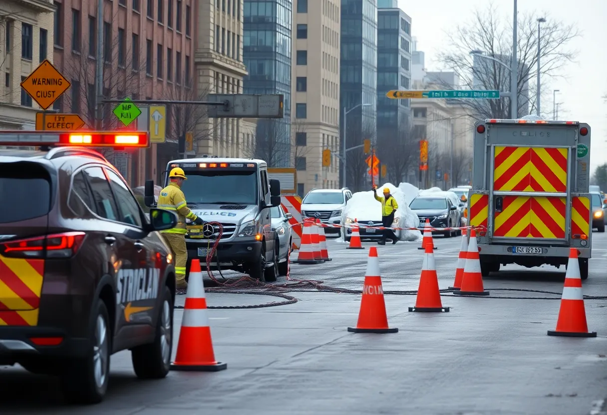 Crews repairing a watermain break in Providence with traffic cones and warning signs.