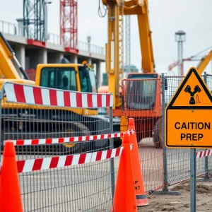 Construction site showing equipment and safety barriers.