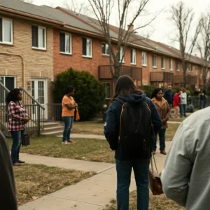 Community members gathered near the Chad Brown housing complex in Providence after a shooting incident.