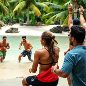 Contestants participating in challenges on a reality TV show in a tropical setting.