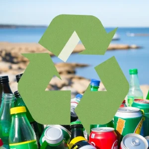 Rhode Island coastline with recycling symbol and beverage containers