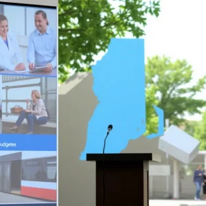 Visual representation of Rhode Island's budget with healthcare and transit themes.
