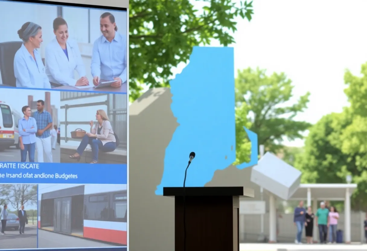 Visual representation of Rhode Island's budget with healthcare and transit themes.