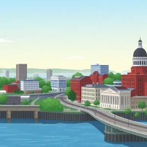 Rhode Island budget proposal illustration with transportation elements.