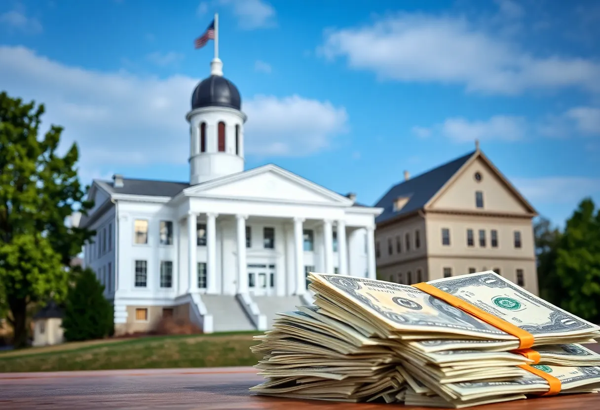 Rhode Island Statehouse with symbolic budget elements