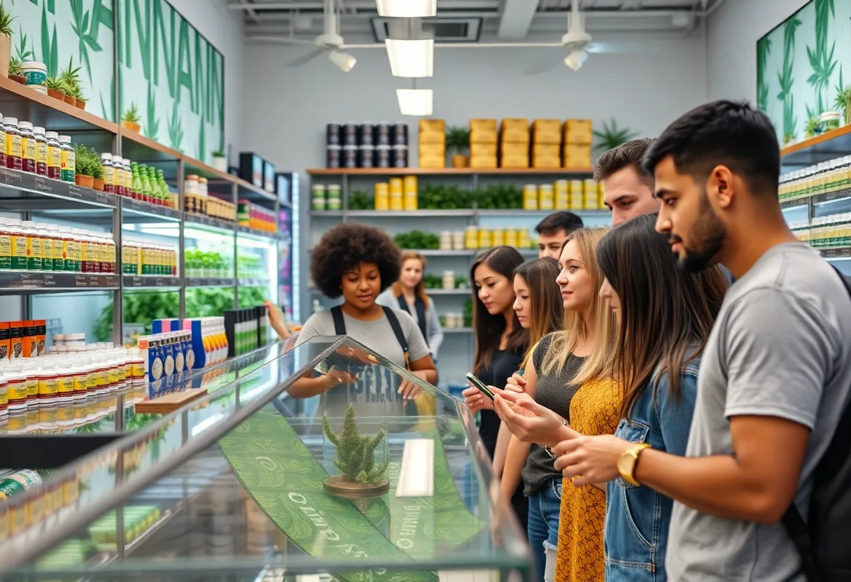Customers in a Rhode Island cannabis store interacting with products