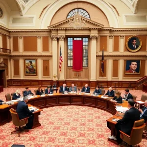 Rhode Island state capitol building with lawmakers inside discussing legislation