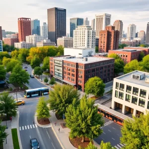 A modern Rhode Island city with green spaces and transit options
