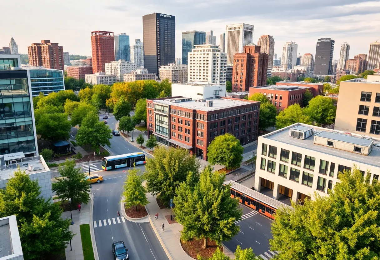 A modern Rhode Island city with green spaces and transit options
