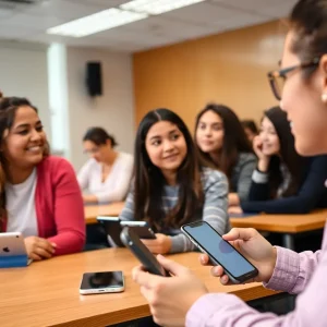 Students engaging in class without personal electronic devices
