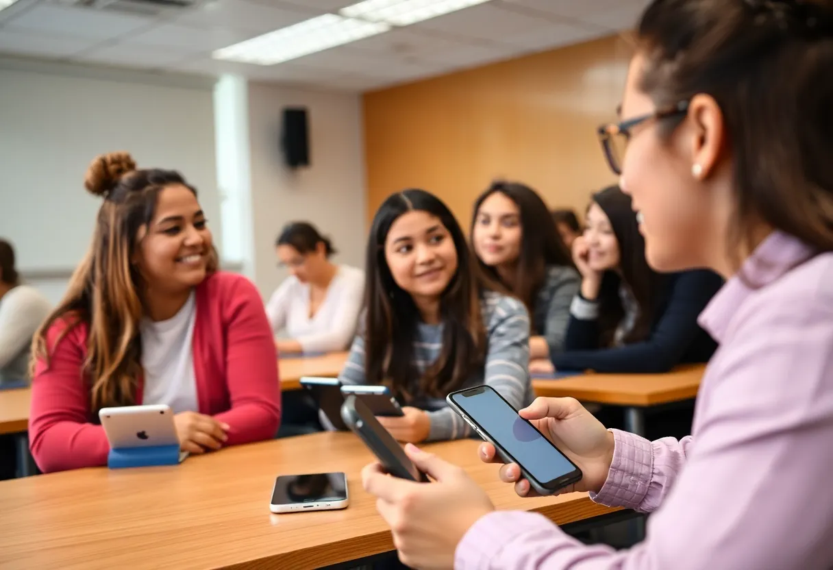 Students engaging in class without personal electronic devices