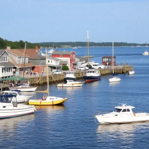 Scenic view of Rhode Island coastline with recreational boats