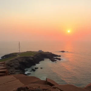 Scenic view of Rhode Island coastline with sunset