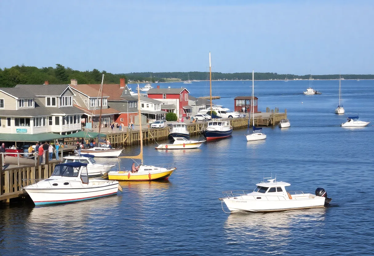 Scenic view of Rhode Island coastline with recreational boats