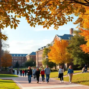 A college campus in Rhode Island filled with students during autumn.