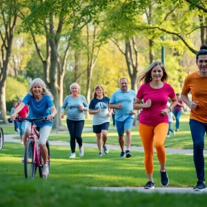 Community members engaging in physical activities in a public park in Rhode Island.
