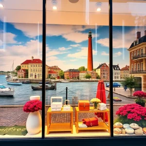 Window display featuring Rhode Island's iconic landmarks