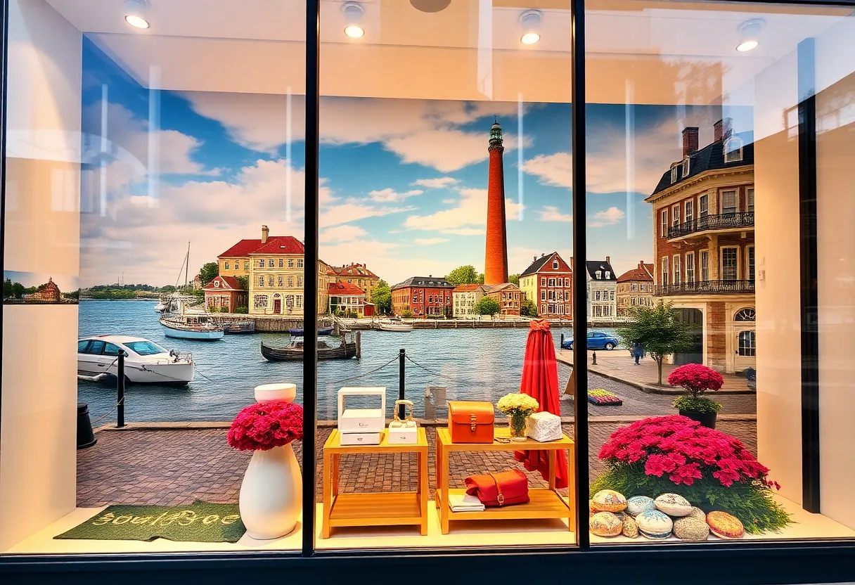Window display featuring Rhode Island's iconic landmarks