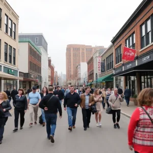 People walking on a street in Rhode Island showcasing local businesses.