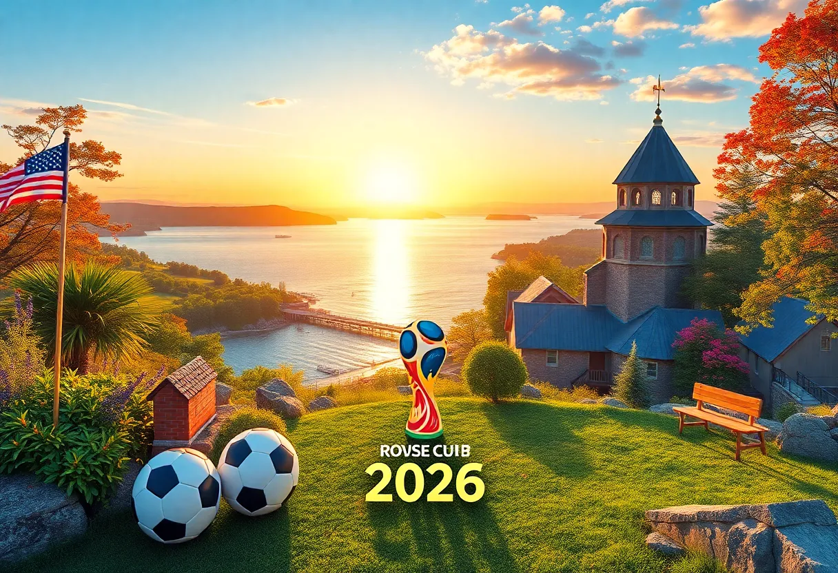 A picturesque view of Rhode Island with soccer motifs for the 2026 World Cup