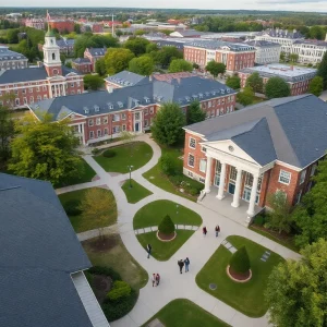 Aerial view of a Rhode Island college campus representing higher education challenges.