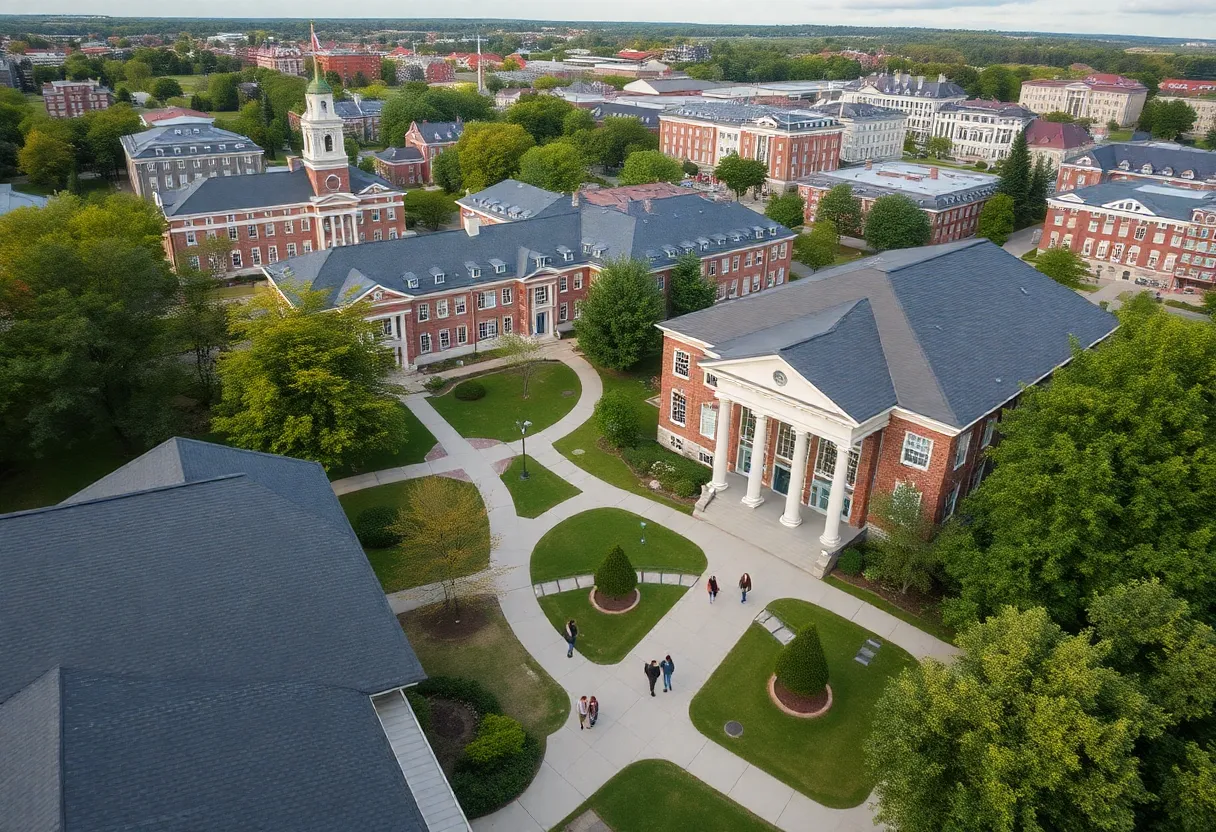 Aerial view of a Rhode Island college campus representing higher education challenges.
