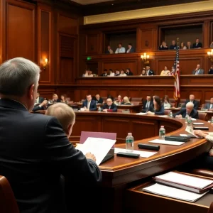 Lawmakers discussing settlement funds in a legislative chamber