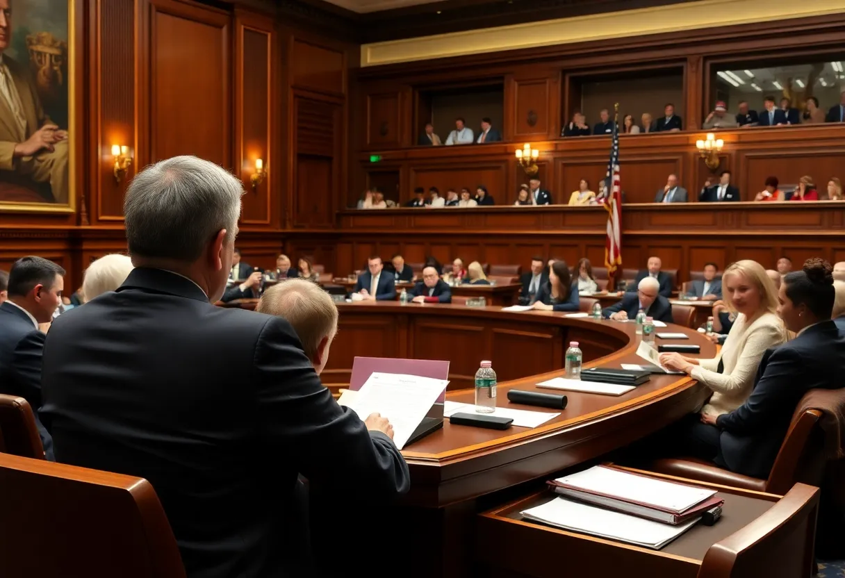 Lawmakers discussing settlement funds in a legislative chamber