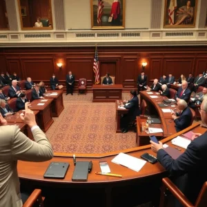 Rhode Island General Assembly in session discussing gun control legislation.