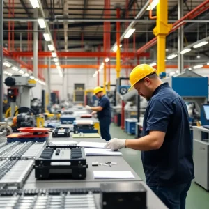 Manufacturing facility in Rhode Island with workers and machinery.