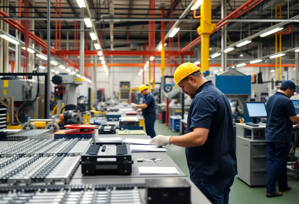 Manufacturing facility in Rhode Island with workers and machinery.