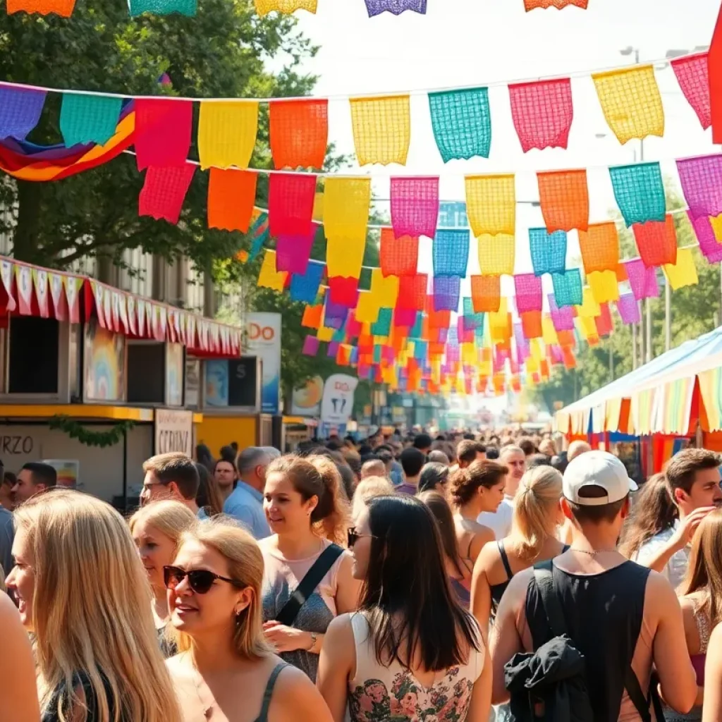 People celebrating at Rhode Island PrideFest with colorful decorations