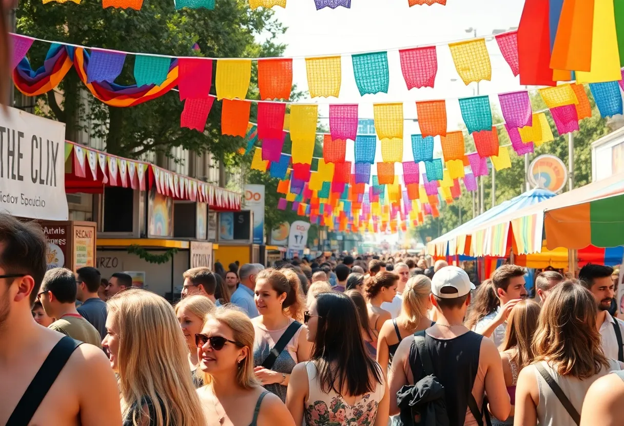 People celebrating at Rhode Island PrideFest with colorful decorations