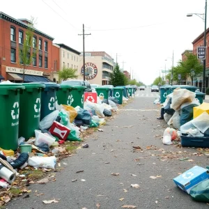 Recycling bins in a Rhode Island urban area with visible litter.